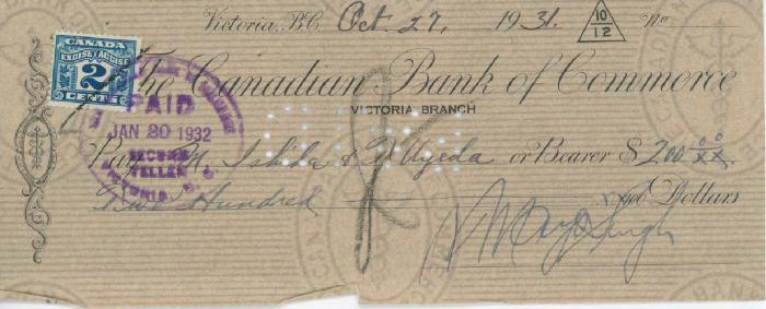 [Cheque of $200 for M. Ishida signed by Mayo Singh]