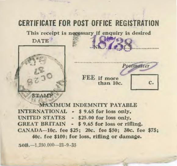 [Certificate of Post Office Registration]