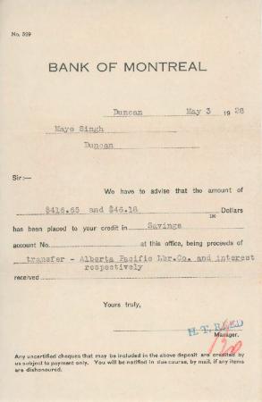 [Letter from H. T. Reed, Manager, Bank of Montreal to Mayo Singh]