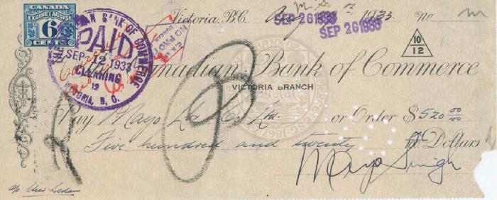 [Cheque for Mayo Lumber Company Ltd. signed by Mayo Singh]