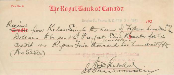 [Cheque from Kehar Singh]