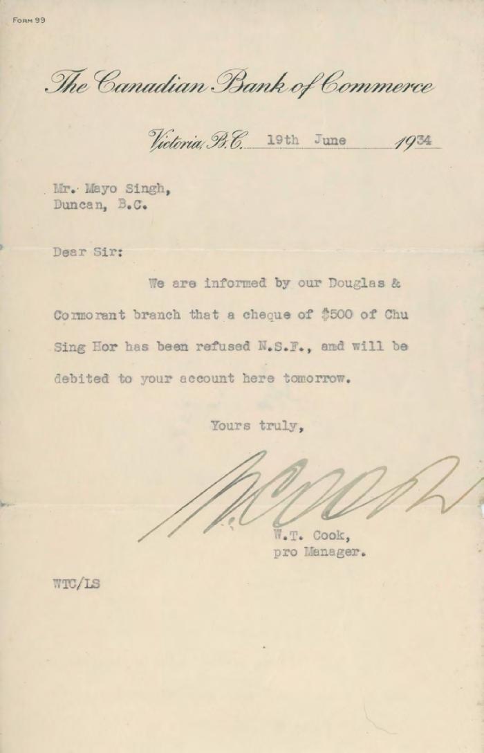 [Letter from W. T. Cook to Mayo Singh]