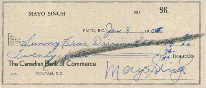 [Cheque from Mayo Singh to Sunny Brar Dairies Limited]