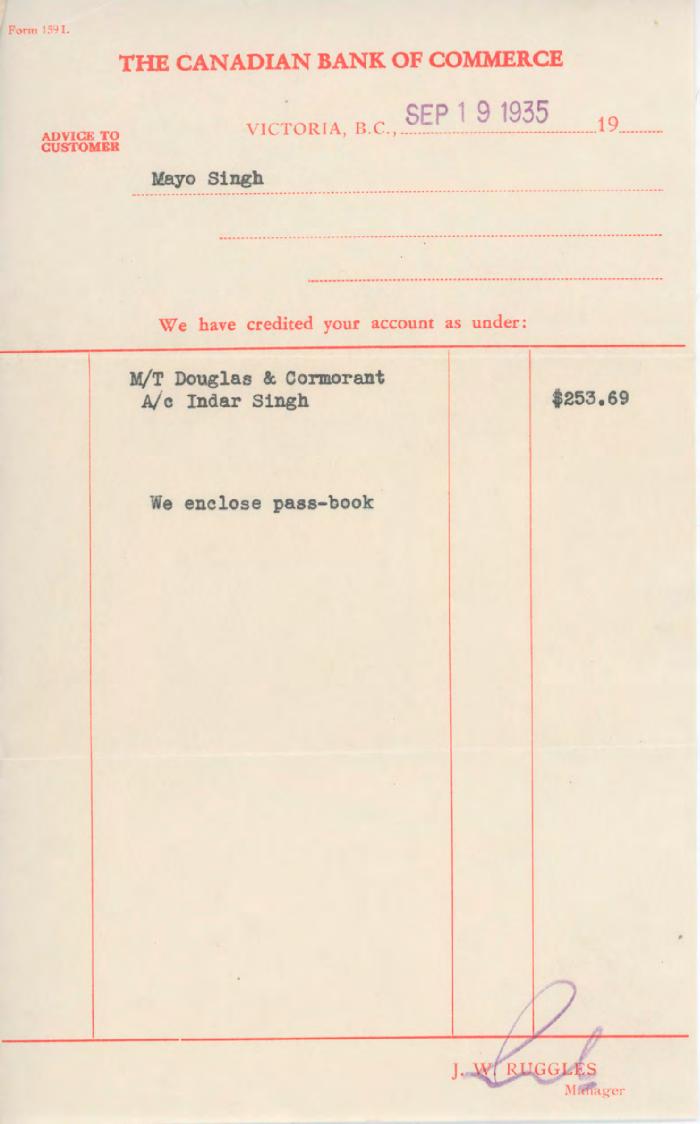 [Receipt from J. W. Ruggles to Mayo Singh]