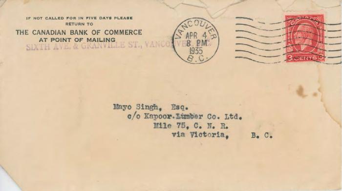[Letter from the Canadian Bank of Commerce to Mayo Singh]