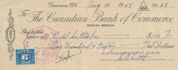 [Cheque from Mayo Singh and Gordon Scott Trust to P. W. Whittaker]