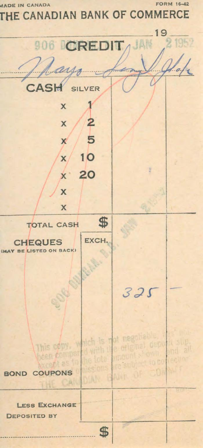 [Receipt of credit from the Canadian Bank of Commerce to Mayo Singh]