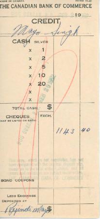 [Receipt of credit from the Canadian Bank of Commerce to Mayo Singh]