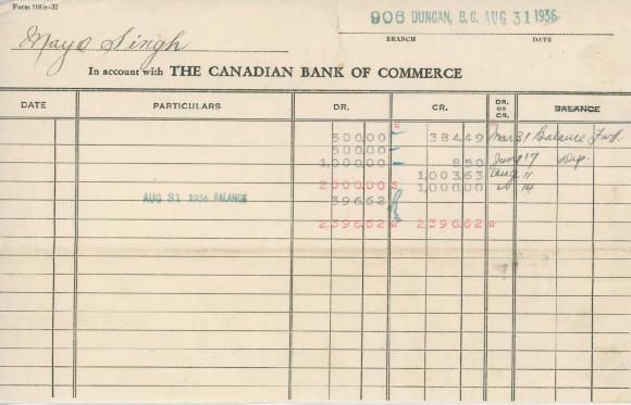 [Bank statement from the Canadian Bank of Commerce to Mayo Singh]