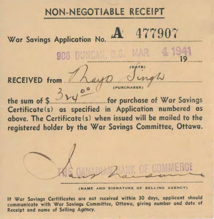 [Receipt from the Canadian Bank of Commerce to Mayo Singh]