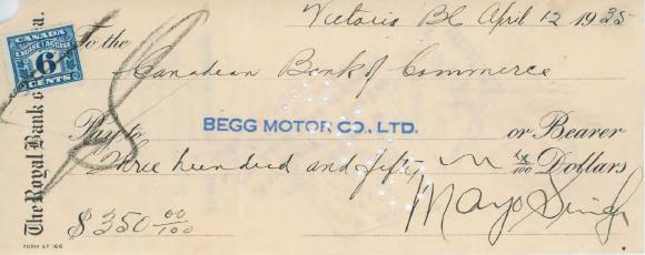 [Cheque from Mayo Singh to Begg Motor Co. Ltd.]