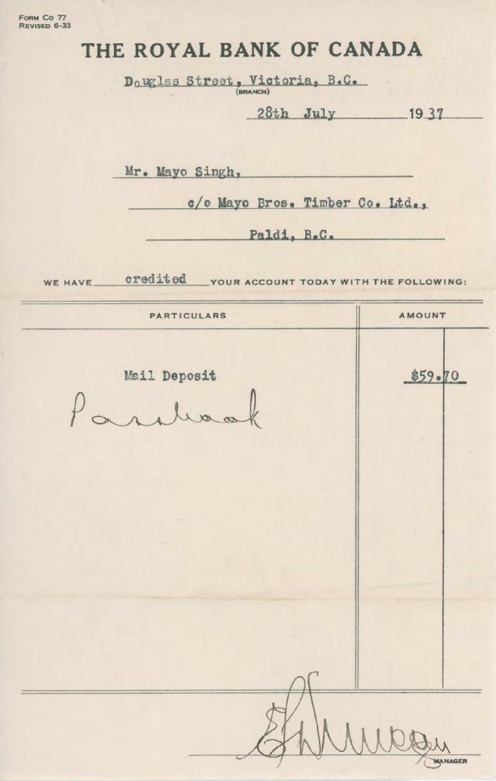 [Receipt from the Royal Bank of Canada to Mayo Singh]
