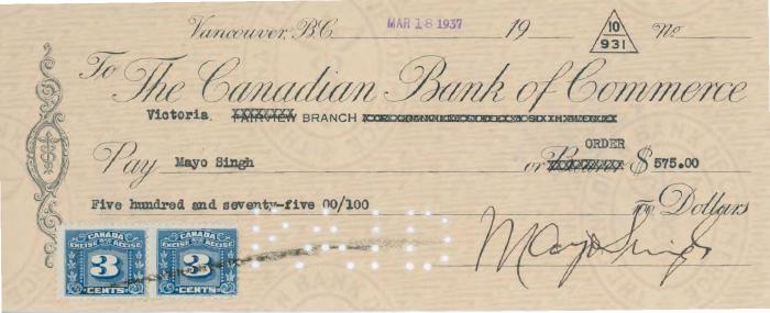 [Cheque from Mayo Singh to Mayo Singh]