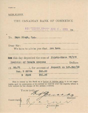 [Letter of advice from the Canadian Bank of Commerce to Mayo Singh]