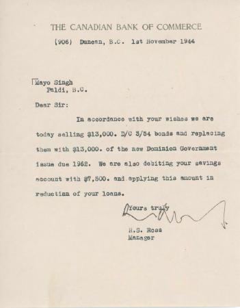 [Letter from R. S. Ross to Mayo Singh]