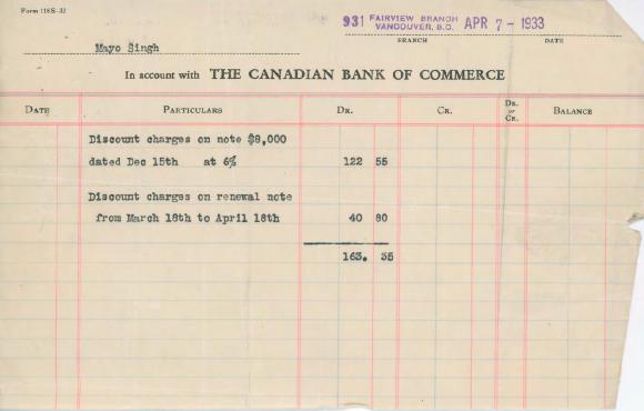 [Mayo Singh's account statement from the Canadian Bank of Commerce]