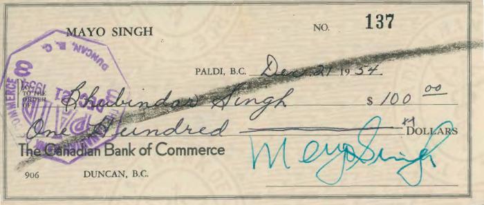 [Cheque from Mayo Singh to Bhubinder Singh]