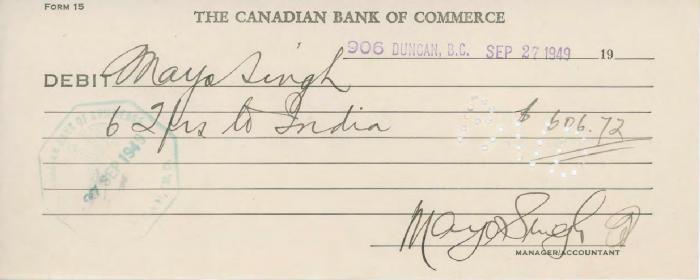 [Form of debit for Mayo Singh]