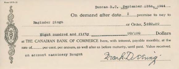 [Promissory note from Frank Denning to Raginder Singh]