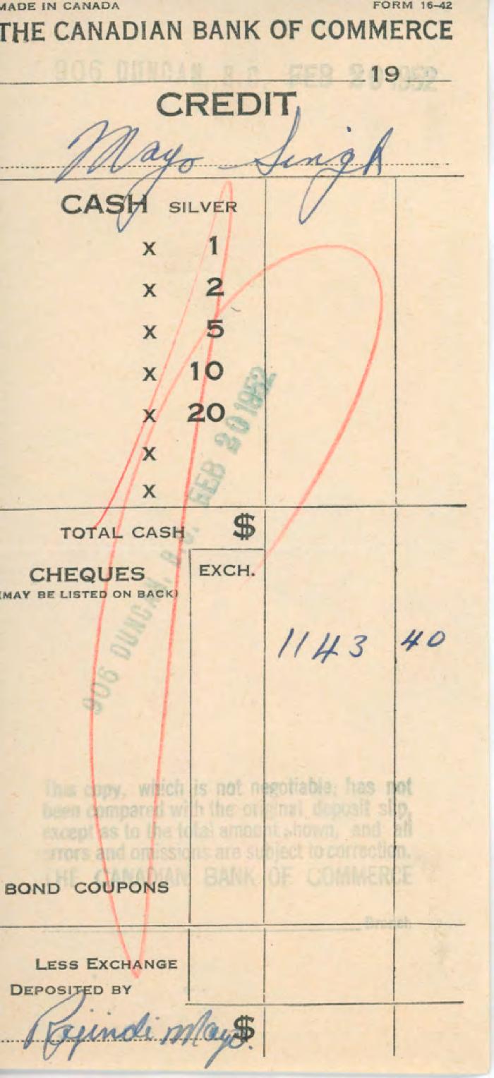 [Receipt of credit from the Canadian Bank of Commerce to Mayo Singh]