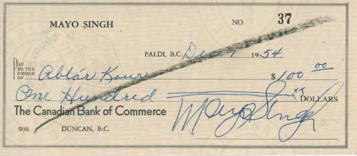 [Cheque from Mayo Singh to Abtar Kaur]