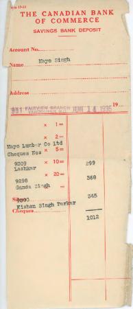 [Savings bank deposit from the Canadian Bank of Commerce to Mayo Singh]