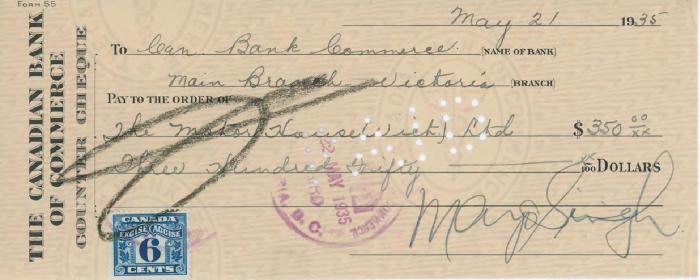 [Cheque from Mayo Singh to the Motor House Ltd.]