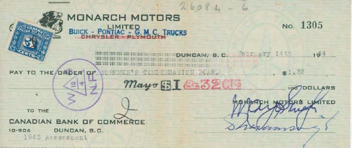 [Cheque from Mayo Singh to Workmen's Compensation Board]
