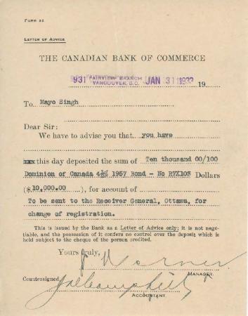 [Letter of advice from the Canadian Bank of Commerce to Mayo Singh]