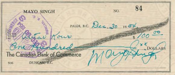 [Cheque from Mayo Singh to Jogindar Kaur and Rajinder Singh Mayo]