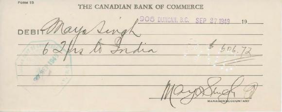 [Form of debit for Mayo Singh]