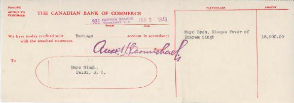 [Letter from the Canadian Bank of Commerce to Mayo Singh]