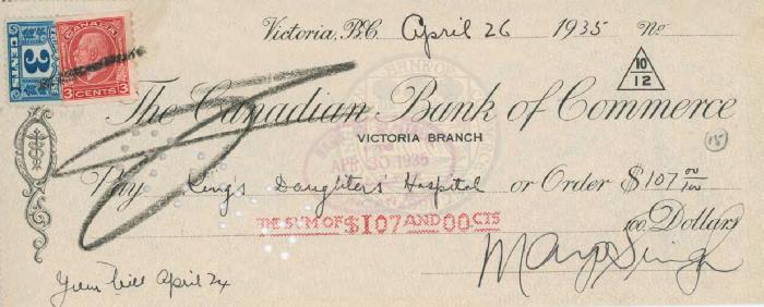 [Cheque from Mayo Singh to the King's Daughter's Hospital]