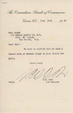 [Letter from W. T. Cook, Pro Manager, The Canadian Bank of Commerce, to Mayo Singh]