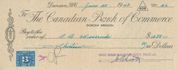 [Cheque from Mayo Singh and Gordon Scott Trust to L. B. Asserude]