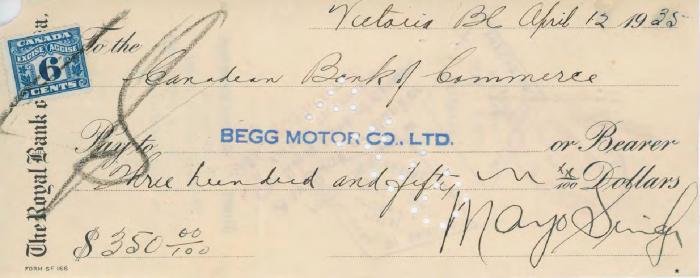 [Cheque from Mayo Singh to Begg Motor Co. Ltd.]