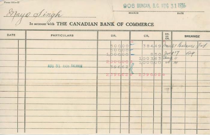 [Bank statement from the Canadian Bank of Commerce to Mayo Singh]