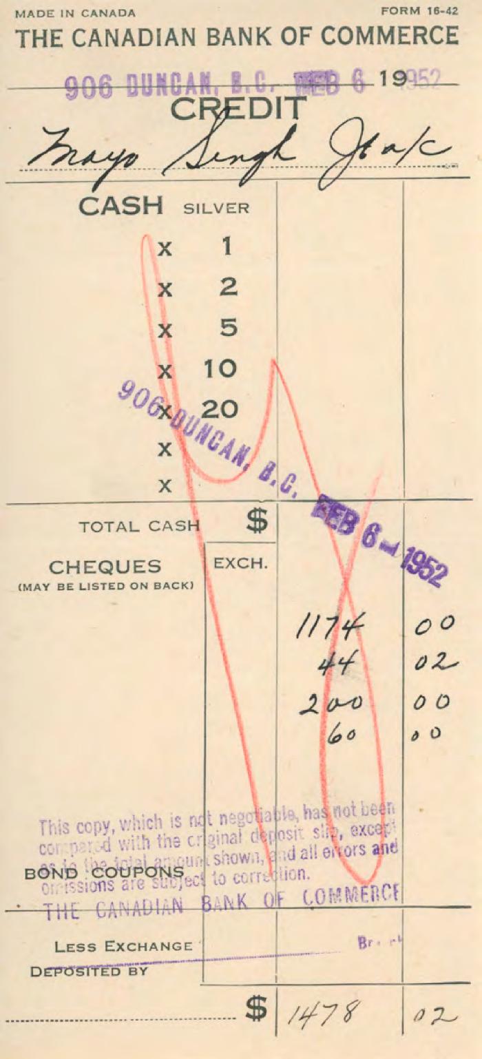 [Receipt of credit from the Canadian Bank of Commerce to Mayo Singh]