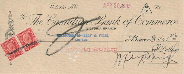 [Cheque from Mayo Singh to McLennan McFeely & Prior Limited]