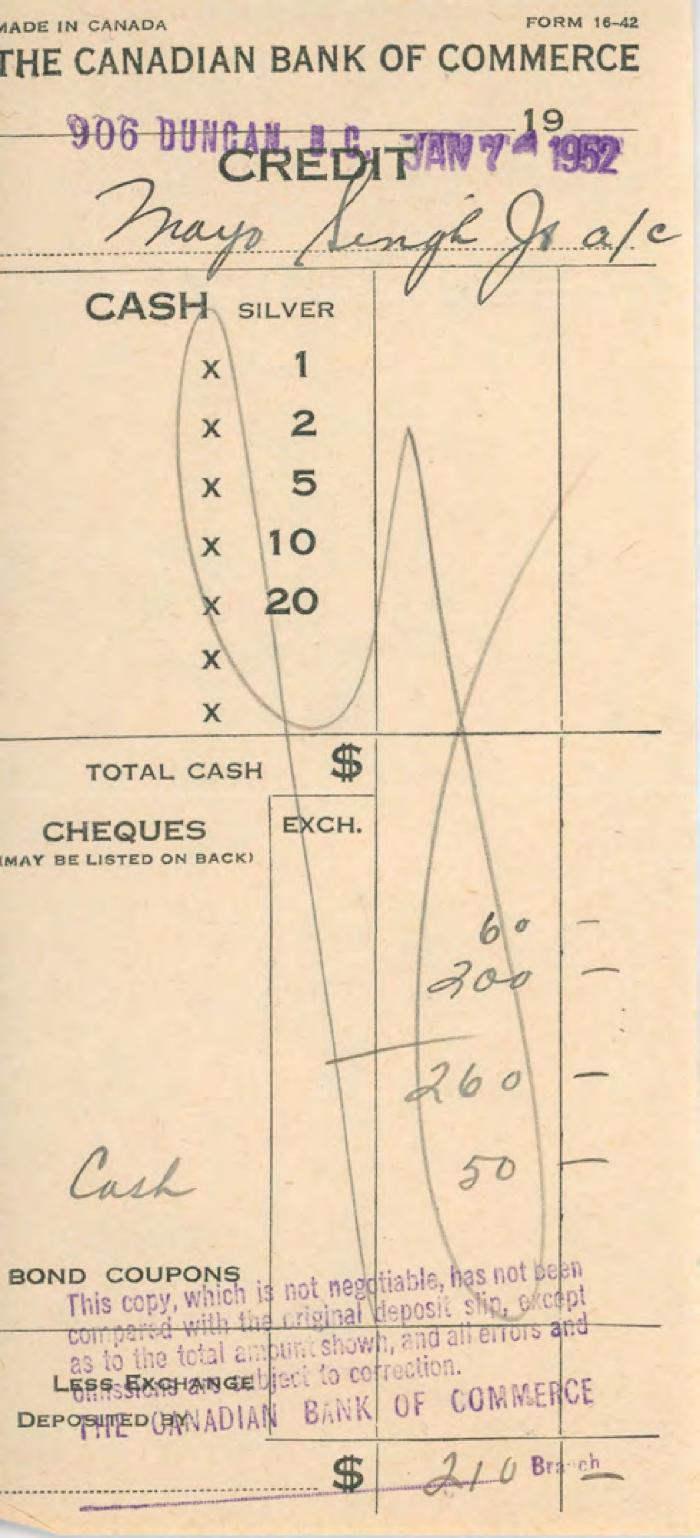 [Receipt of credit from the Canadian Bank of Commerce to Mayo Singh]