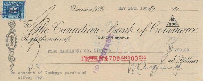 [Cheque from Mayo Singh to Tyee Machinery Co. Limited]
