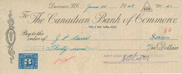 [Cheque from Mayo Singh and Gordon Scott Trust to J. P. Beros]