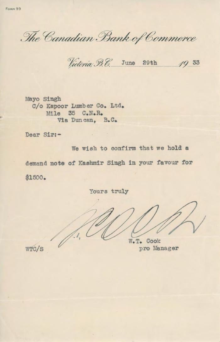 [Letter from W. T. Cook, Pro Manager, The Canadian Bank of Commerce, to Mayo Singh]
