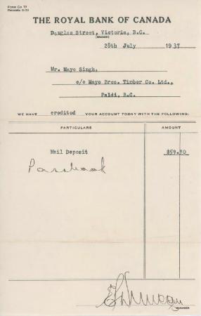 [Receipt from the Royal Bank of Canada to Mayo Singh]