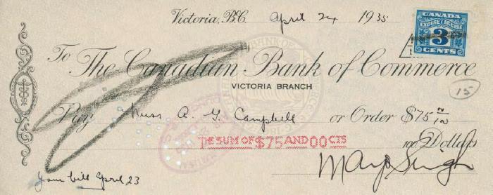 [Cheque from Mayo Singh to R. T. Campbell]