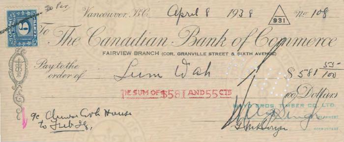 [Cheque from Mayo Singh to Lum Wah]