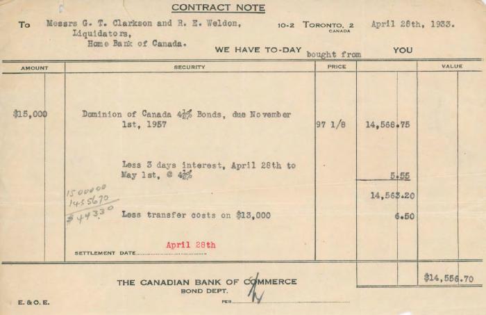 [Contract note from the Canadian Bank of Commerce to G. T. Clarkson and R. E. Weldon]