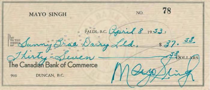[Cheque from Mayo Singh to Sunny Brar Dairy Limited]