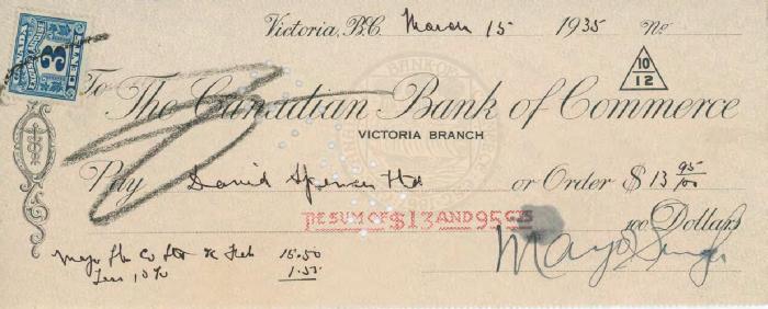 [Cheque from Mayo Singh to David Spencer]