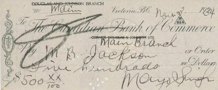 [Cheque from Mayo Singh to M. B. Jackson]